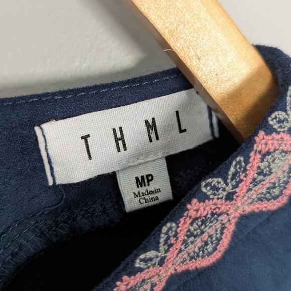 THML Women's Pink Embroidered Navy Tunic Mini Dress Bell Sleeve size MP - Picture 4 of 6